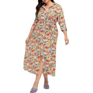 Eloquii Elements Colorful Floral Belted Maxi Shirt Dress - Size 16